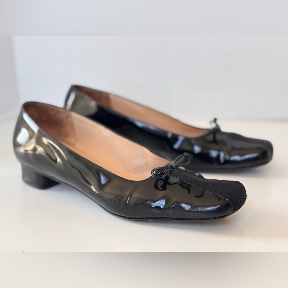 Salvatore Ferragamo Black Patent Leather Bow Block Heel Ballet Flats Shoes